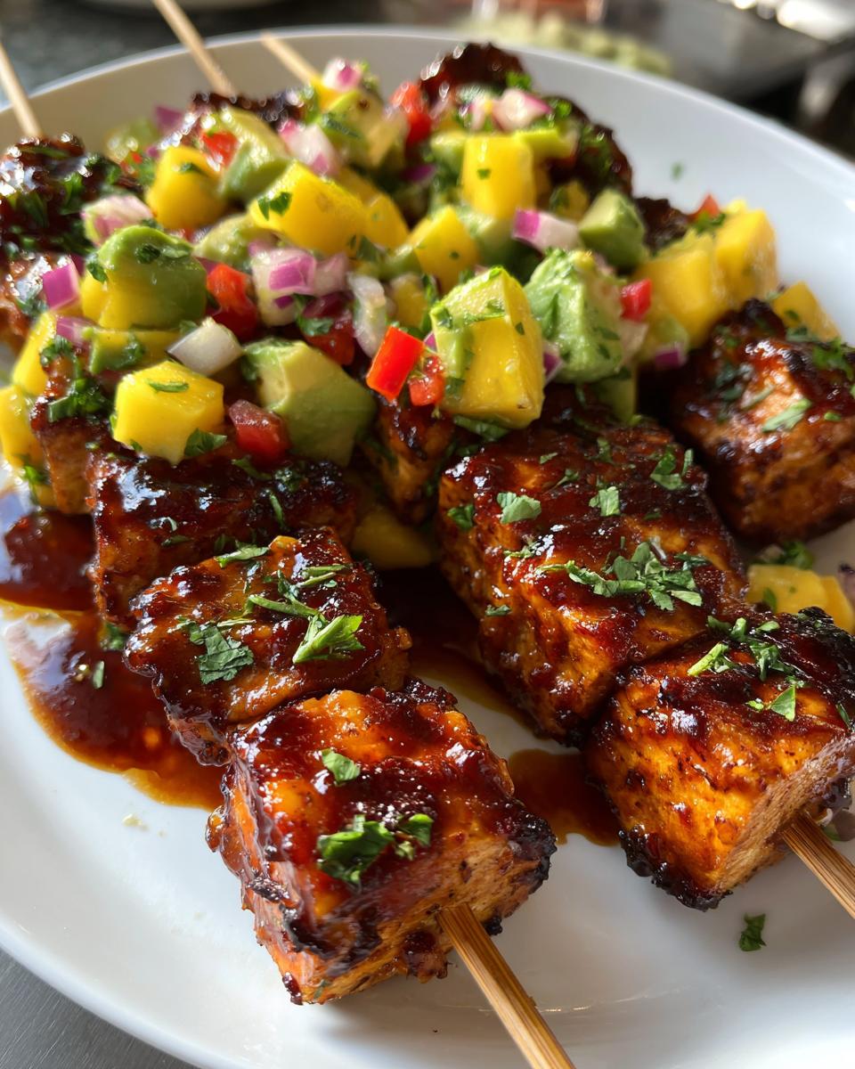 Chipotle Agrodolce Tofu Skewers with Avocado Mango Salsa - detail 3