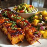 Chipotle Agrodolce Tofu Skewers with Avocado Mango Salsa