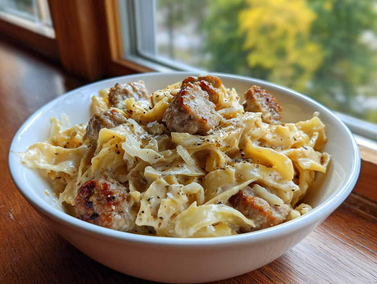 Unbelievable Creamy Keto Sausage and Cabbage Alfredo in 30