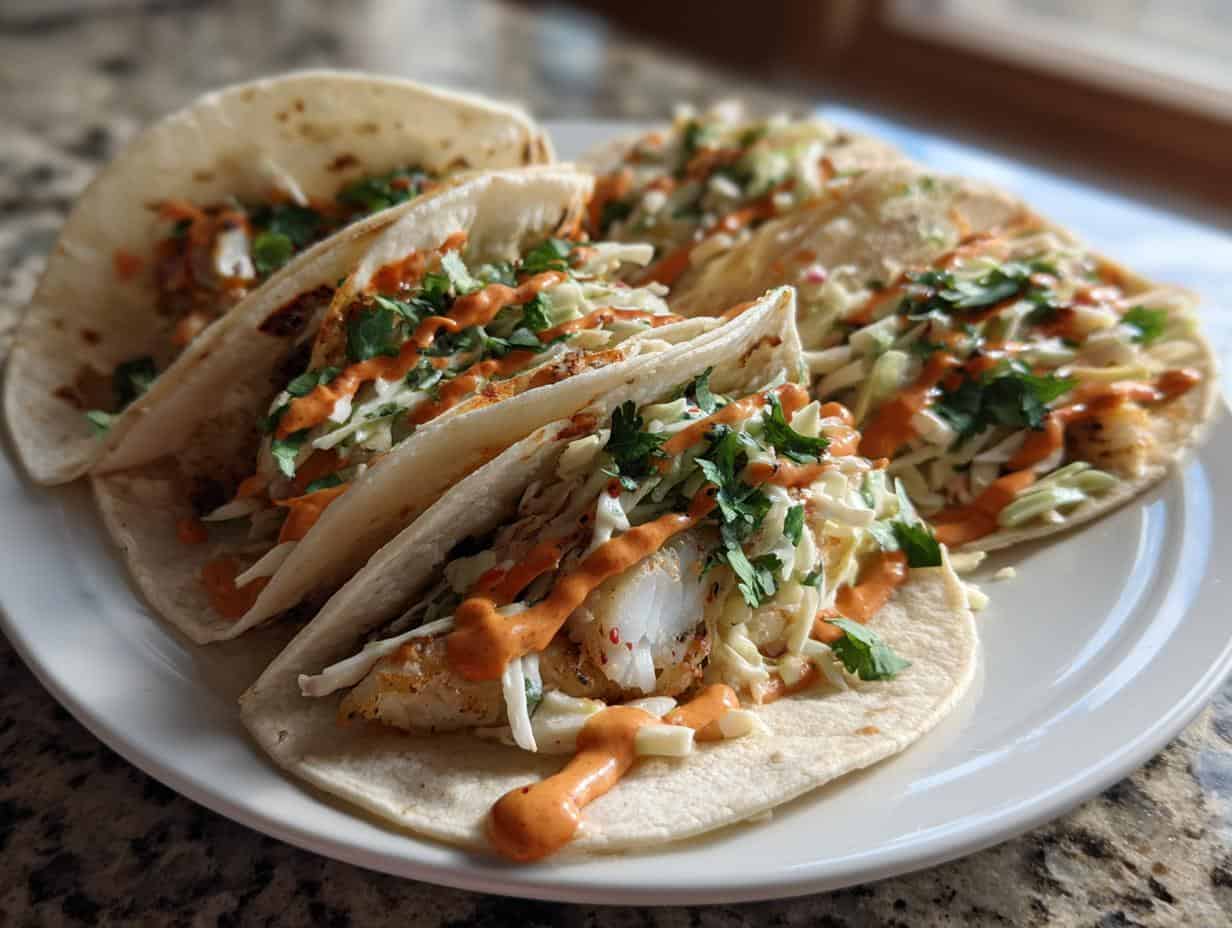 Fish Tacos with Cilantro Slaw and Sriracha Mayo