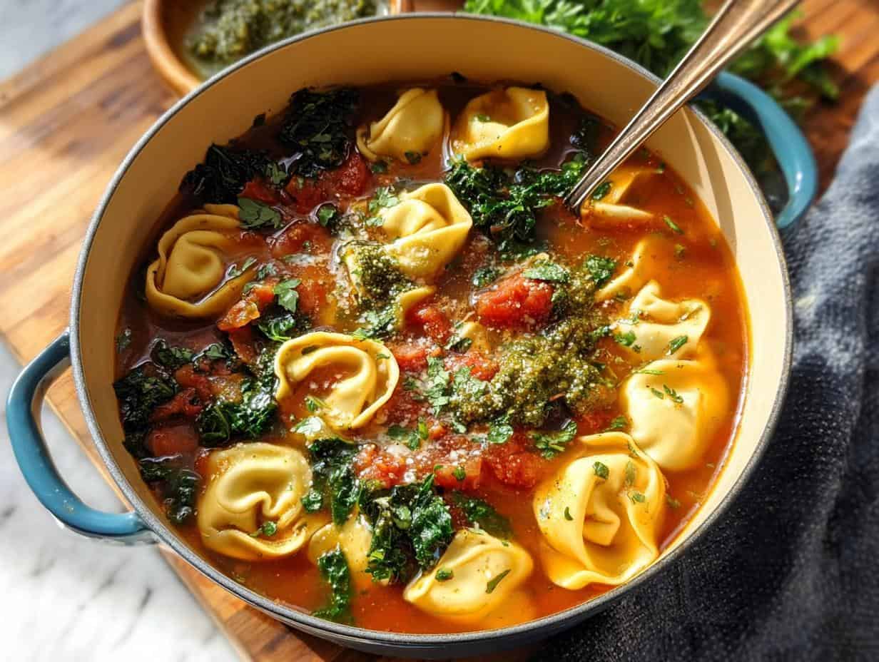 Hate Winter? Tortellini Soup with Kale and Pesto Heals