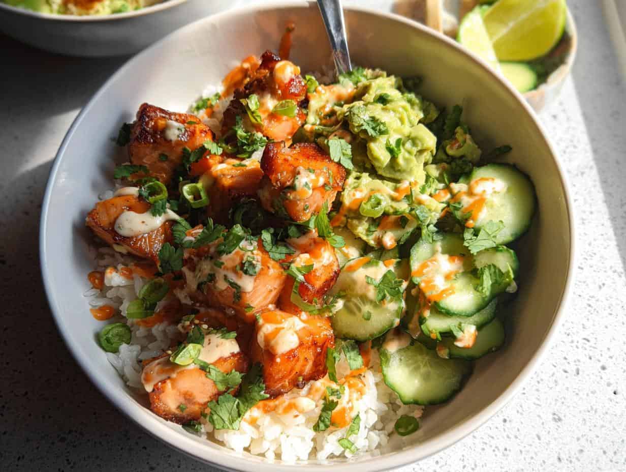 Irresistible Bang Bang Salmon and Coconut Rice Bowls